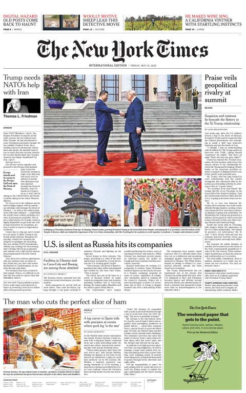 Portada de The New York Times (international) del viernes, 15 de mayo de 2026