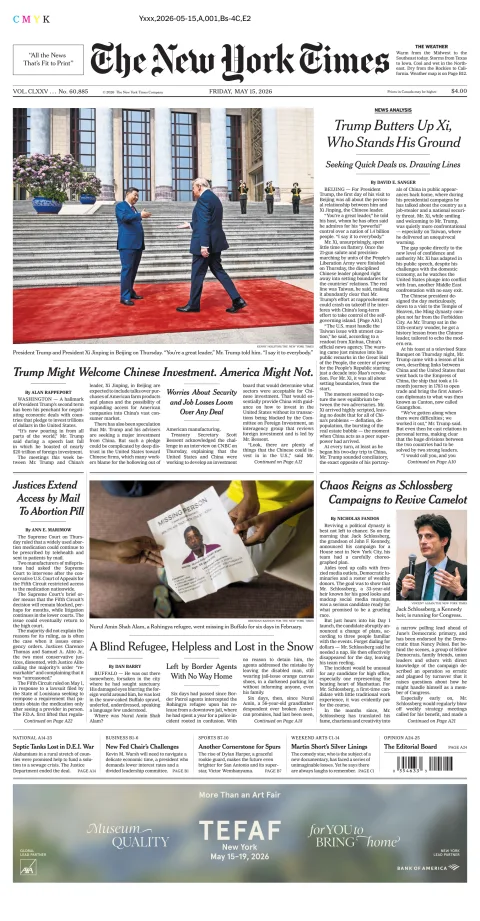 Portada de The New York Times (national) del viernes, 15 de mayo de 2026