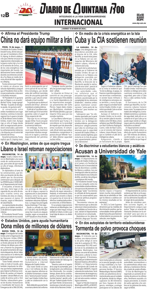 Portada de Diario de Quintana Roo (contra Portada) del viernes, 15 de mayo de 2026