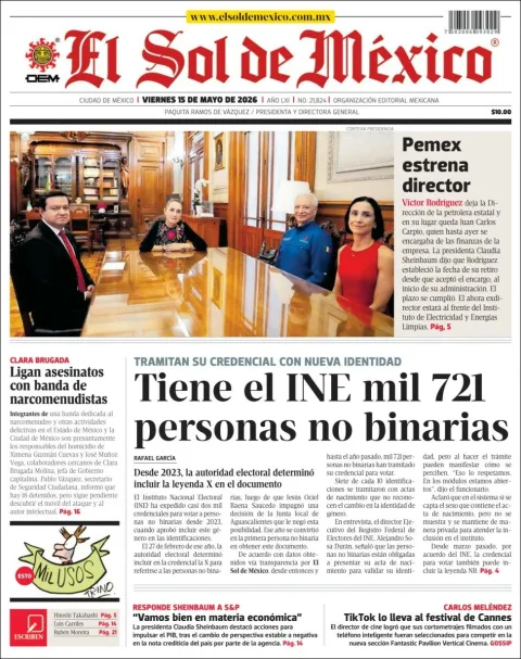 Portada de El Sol de Mexico del viernes, 15 de mayo de 2026