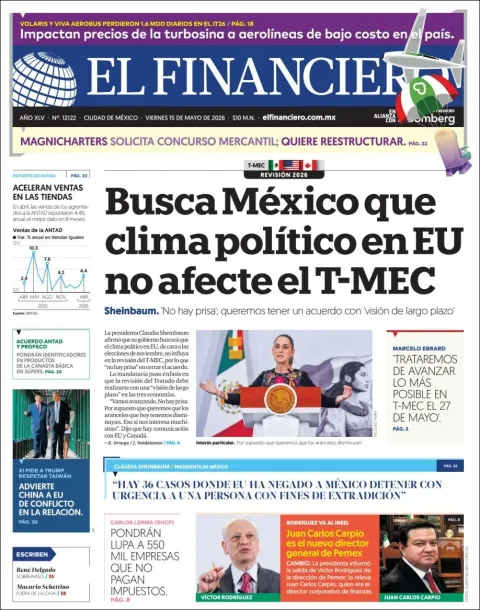 Portada de El Financiero del viernes, 15 de mayo de 2026