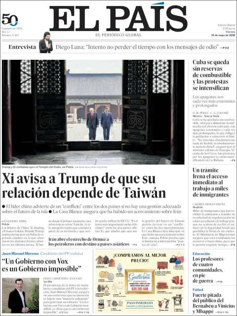 Portada de El Pais del viernes, 15 de mayo de 2026