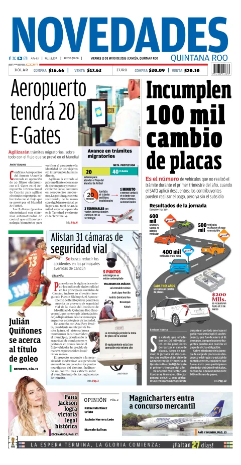 Portada de Novedades Quintana Roo del viernes, 15 de mayo de 2026