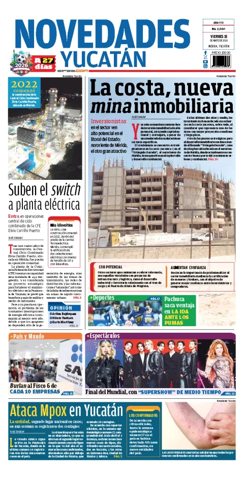 Portada de Novedades Yucatan del viernes, 15 de mayo de 2026