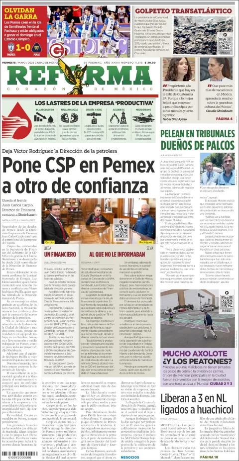 Portada de Reforma del viernes, 15 de mayo de 2026