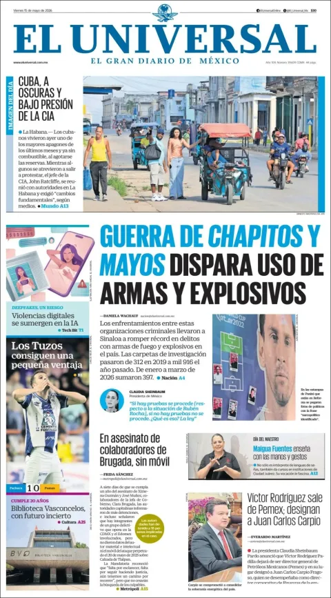 Portada de El Universal del viernes, 15 de mayo de 2026