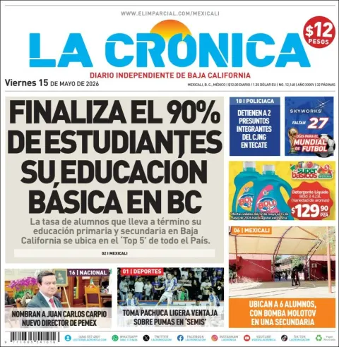 Portada de La Cronica del viernes, 15 de mayo de 2026