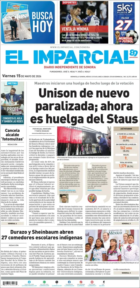 Portada de El Imparcial del viernes, 15 de mayo de 2026