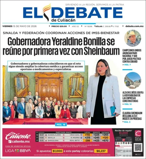 Portada de El Debate de Culiacan del viernes, 15 de mayo de 2026