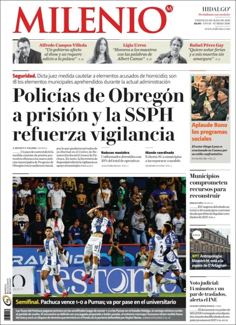 Portada de Milenio Hidalgo del viernes, 15 de mayo de 2026