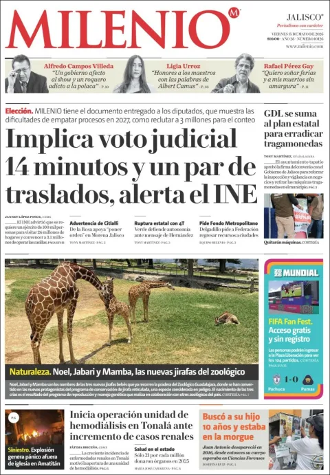 Portada de Milenio Jalisco del viernes, 15 de mayo de 2026