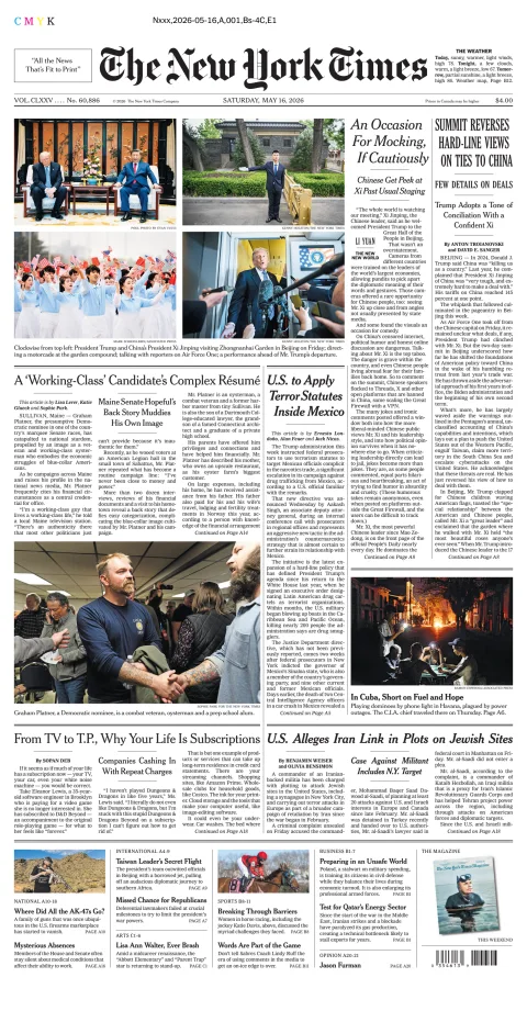 Portada de The New York Times (new York) del sábado, 16 de mayo de 2026