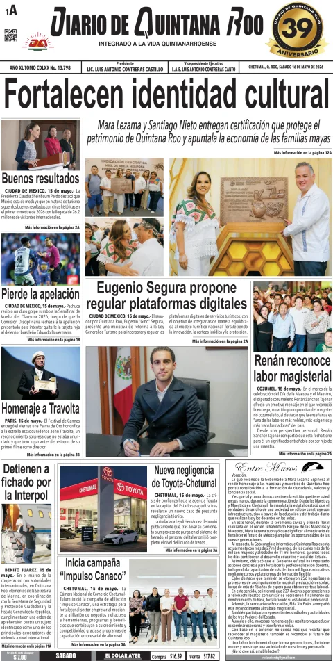 Portada de Diario de Quintana Roo (portada) del 2026-05-16