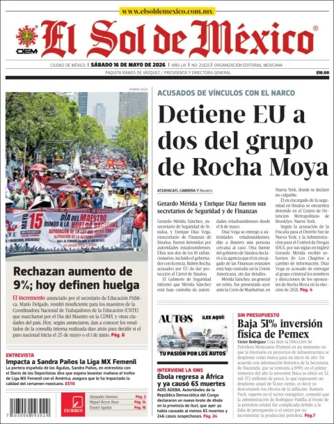 Portada de El Sol de Mexico del sábado, 16 de mayo de 2026