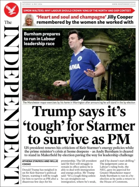 Portada de The Independent del sábado, 16 de mayo de 2026