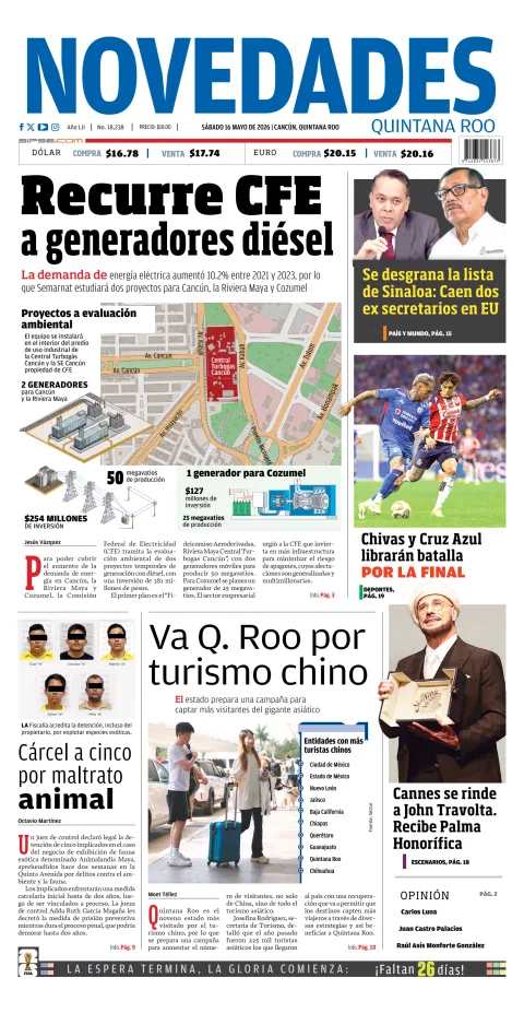Portada de Novedades Quintana Roo del sábado, 16 de mayo de 2026