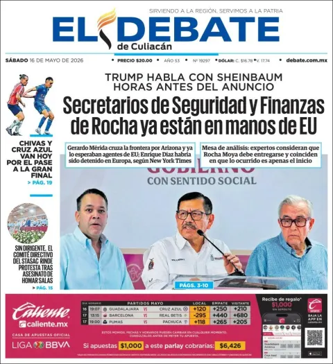 Portada de El Debate de Culiacan del sábado, 16 de mayo de 2026
