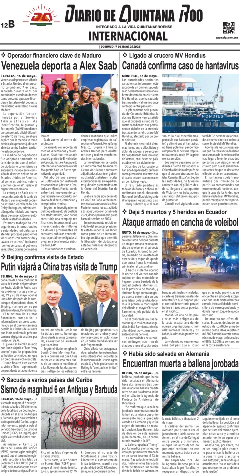 Portada de Diario de Quintana Roo (contra Portada)