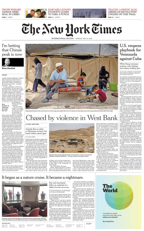 Portada de The New York Times (international) del lunes, 18 de mayo de 2026