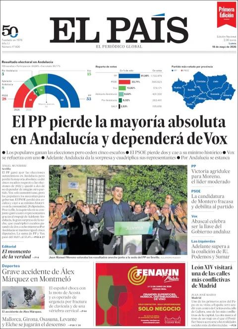 Portada de El Pais del lunes, 18 de mayo de 2026