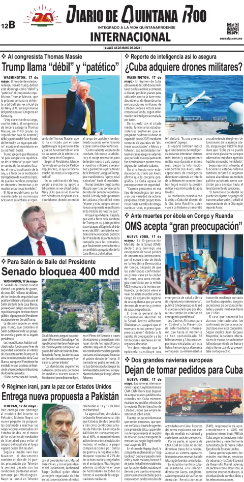Portada de Diario de Quintana Roo (contra Portada) del lunes, 18 de mayo de 2026
