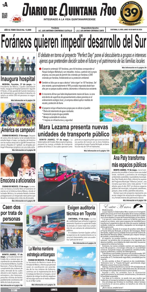 Portada de Diario de Quintana Roo (portada) del lunes, 18 de mayo de 2026