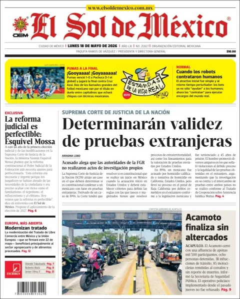 Portada de El Sol de Mexico del lunes, 18 de mayo de 2026