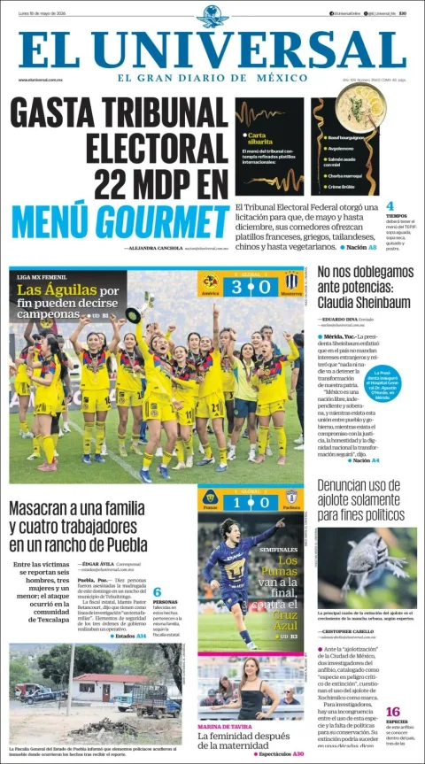 Portada de El Universal del lunes, 18 de mayo de 2026