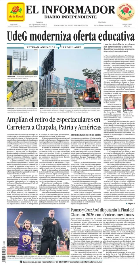 Portada de El Informador del lunes, 18 de mayo de 2026