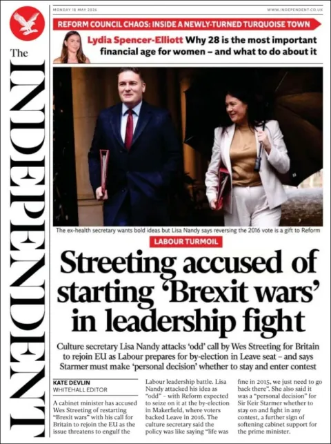 Portada de The Independent del lunes, 18 de mayo de 2026