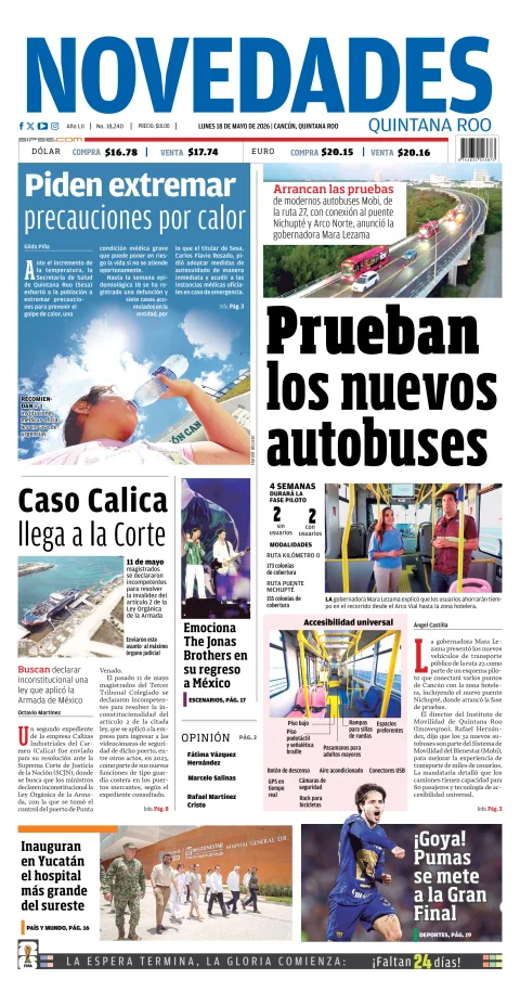 Portada de Novedades Quintana Roo del lunes, 18 de mayo de 2026