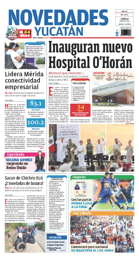 Portada de Novedades Yucatan del lunes, 18 de mayo de 2026
