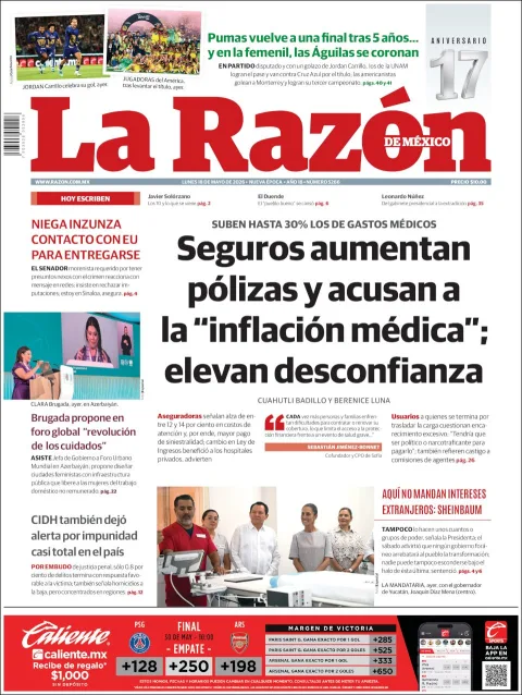Portada de La Razon del lunes, 18 de mayo de 2026