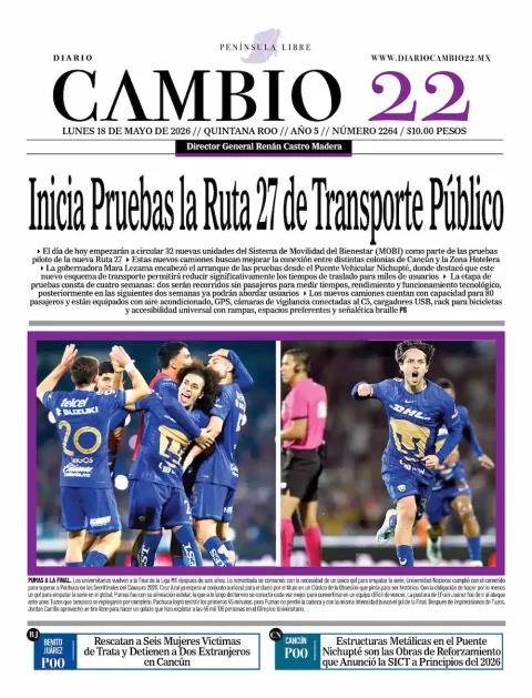 Portada de Diario Cambio 22 (portada) del lunes, 18 de mayo de 2026