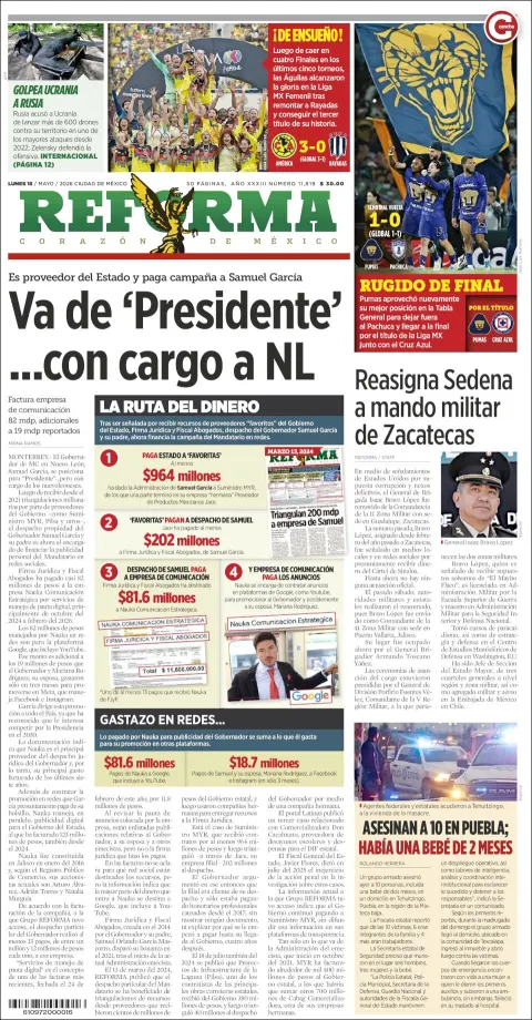 Portada de Reforma del lunes, 18 de mayo de 2026