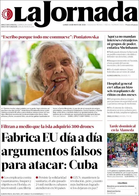 Portada de La Jornada del lunes, 18 de mayo de 2026