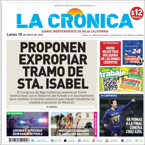 Portada de La Cronica del lunes, 18 de mayo de 2026