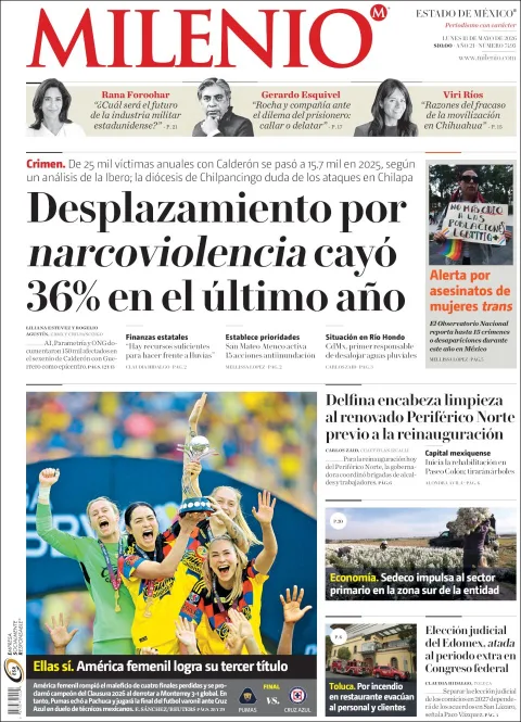 Portada de Milenio Edo de Mexico del lunes, 18 de mayo de 2026
