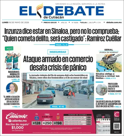 Portada de El Debate de Culiacan del lunes, 18 de mayo de 2026
