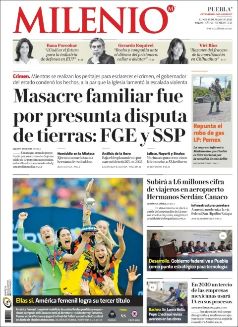 Portada de Milenio Puebla del lunes, 18 de mayo de 2026
