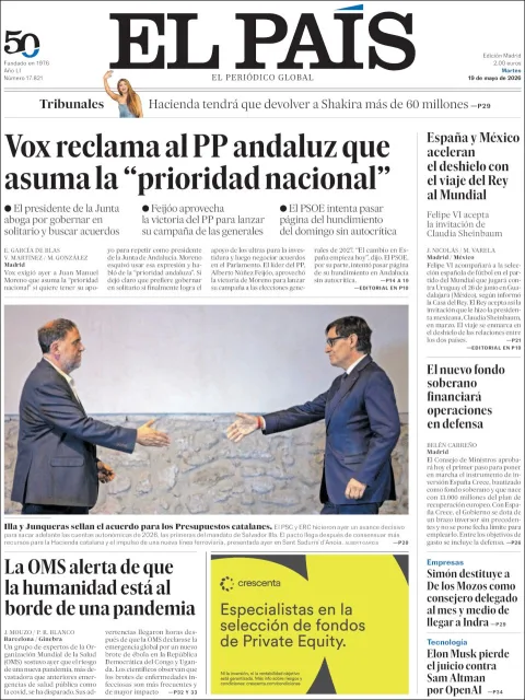 Portada de El Pais del martes, 19 de mayo de 2026