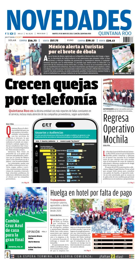 Portada de Novedades Quintana Roo del martes, 19 de mayo de 2026
