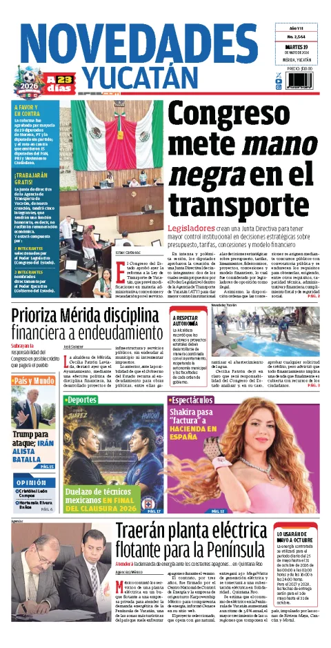 Portada de Novedades Yucatan del martes, 19 de mayo de 2026