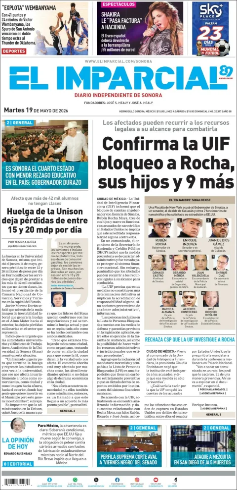 Portada de El Imparcial del martes, 19 de mayo de 2026