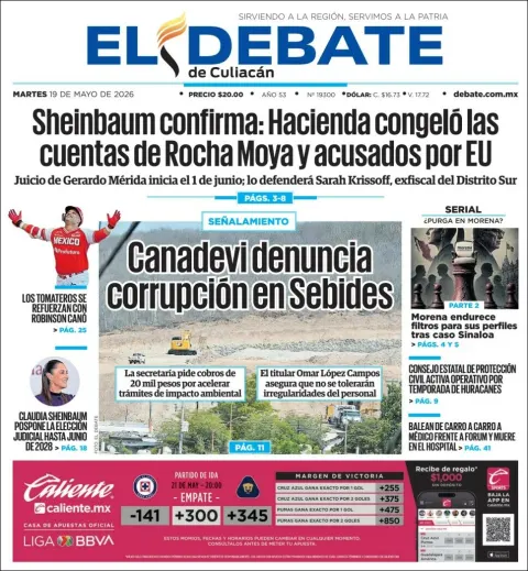 Portada de El Debate de Culiacan del martes, 19 de mayo de 2026