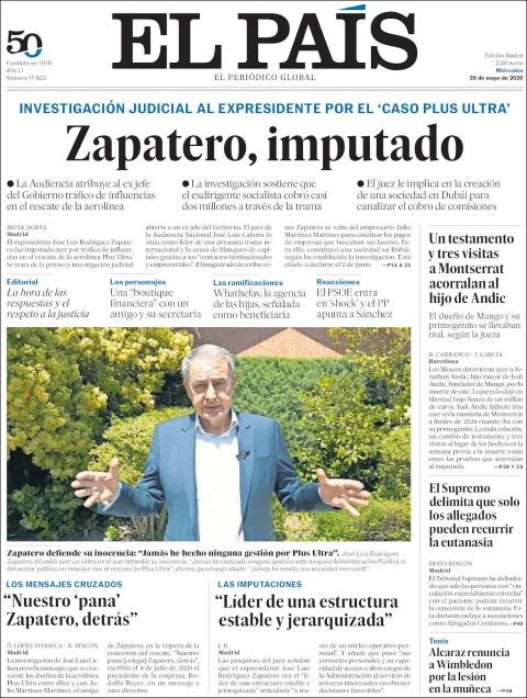 Portada de El Pais del miércoles, 20 de mayo de 2026