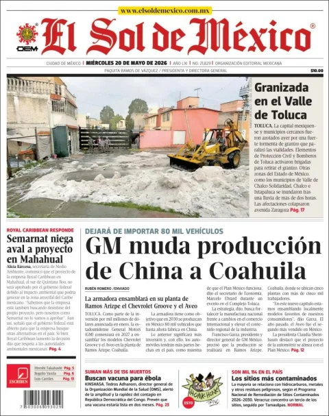 Portada de El Sol de Mexico del miércoles, 20 de mayo de 2026