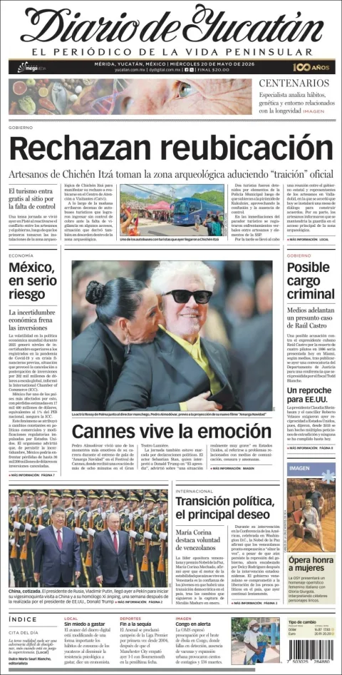 Portada de Diario de Yucatán del miércoles, 20 de mayo de 2026