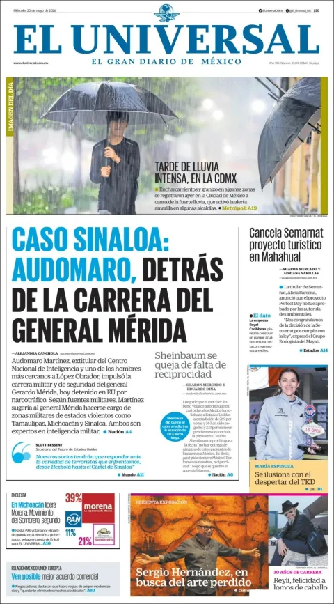 Portada de El Universal del miércoles, 20 de mayo de 2026