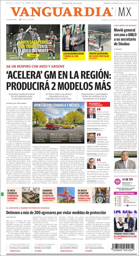Portada de Vanguardia del miércoles, 20 de mayo de 2026
